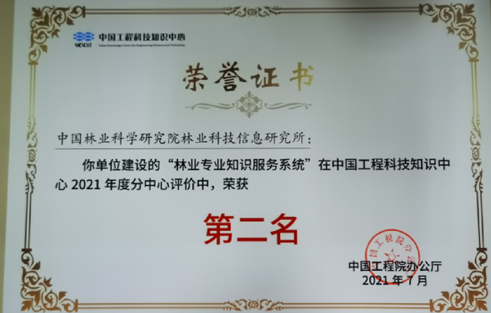 林业专业知识服务系统2021年度获评优秀
